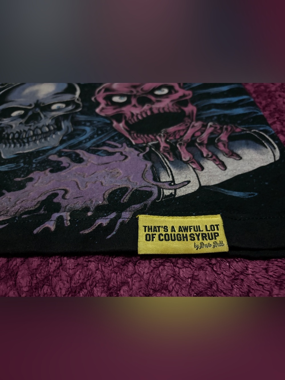Black Graphic Skull Men’s Tee with Purple Accents